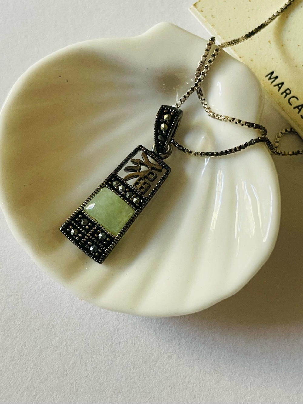 925 Sterling Silver Green Jade and marcasite Stone Pendant Necklace - macys